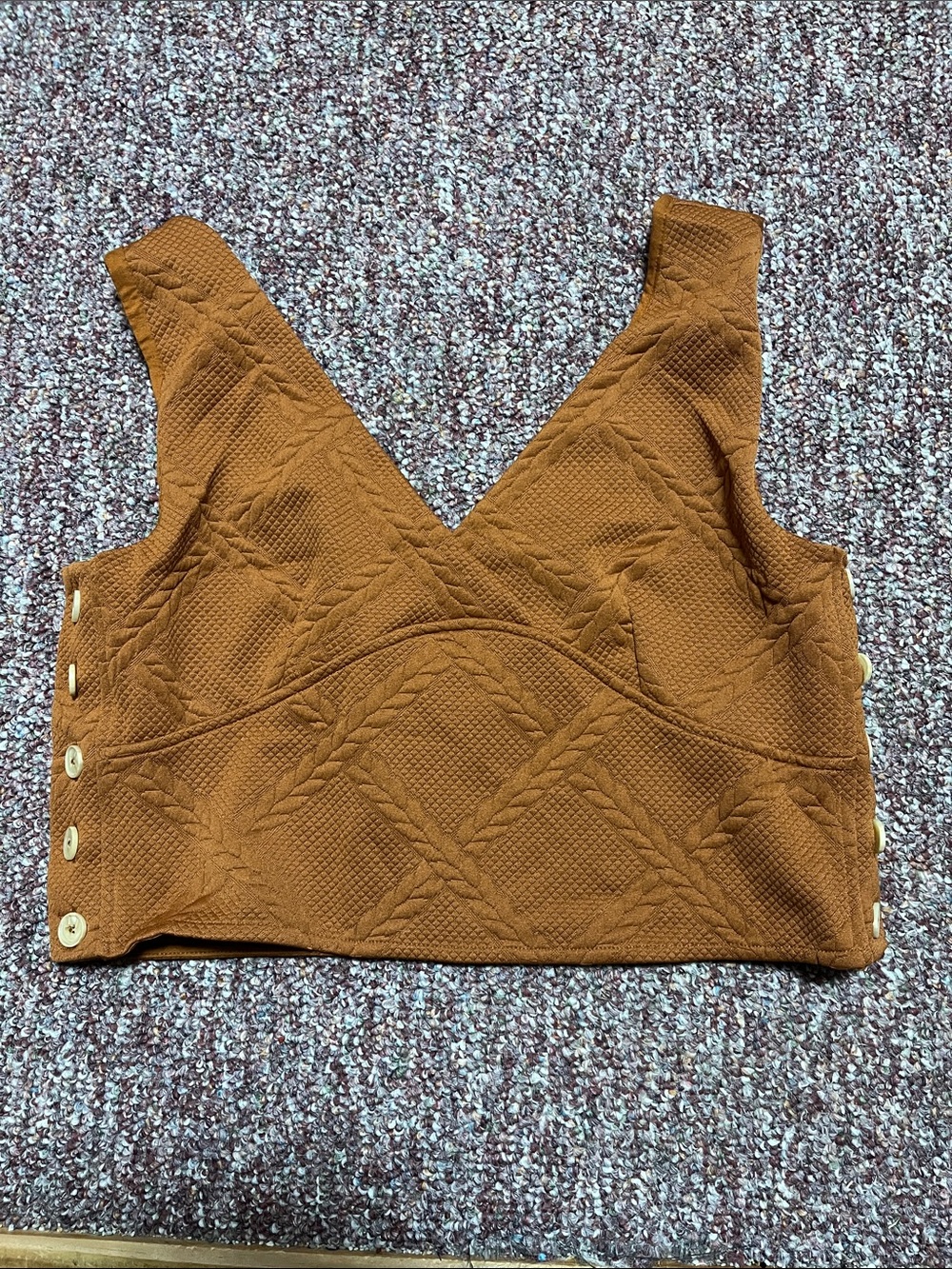 Anthropologie Textured V-Neck Crop Tank in Rust Brown Button Side Closure Large
